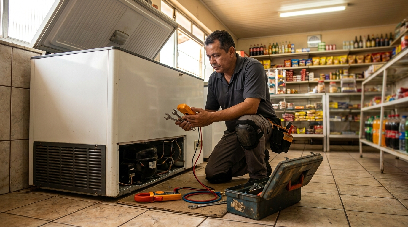 Profissional executando manutenção no motor de freezer em Belo Horizonte‑MG