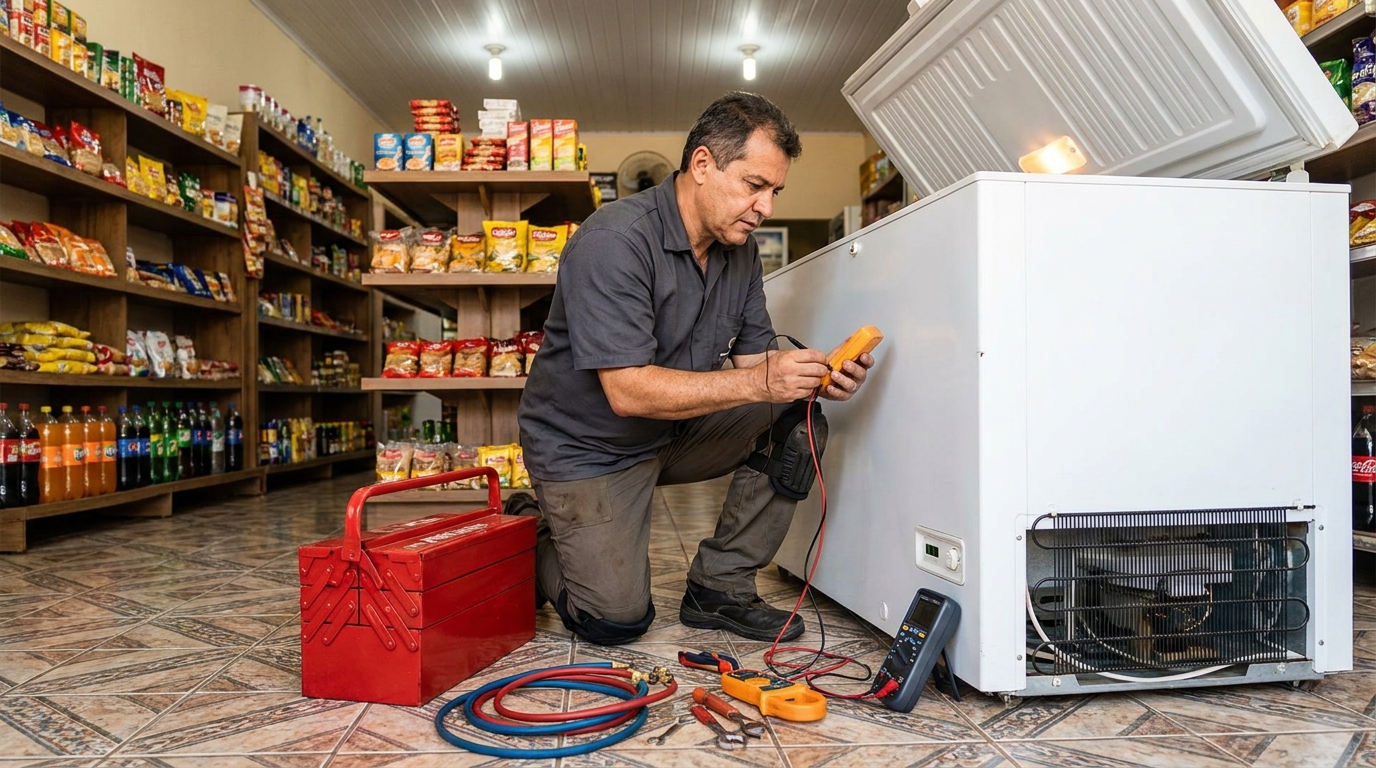 Recarga de gás refrigerante no freezer durante atendimento em Belo Horizonte‑MG